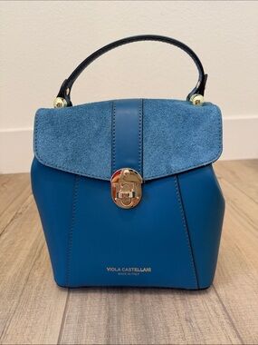 Viola Castellani Italian Leather & Suede Convertible Mini Backpack Teal Blue